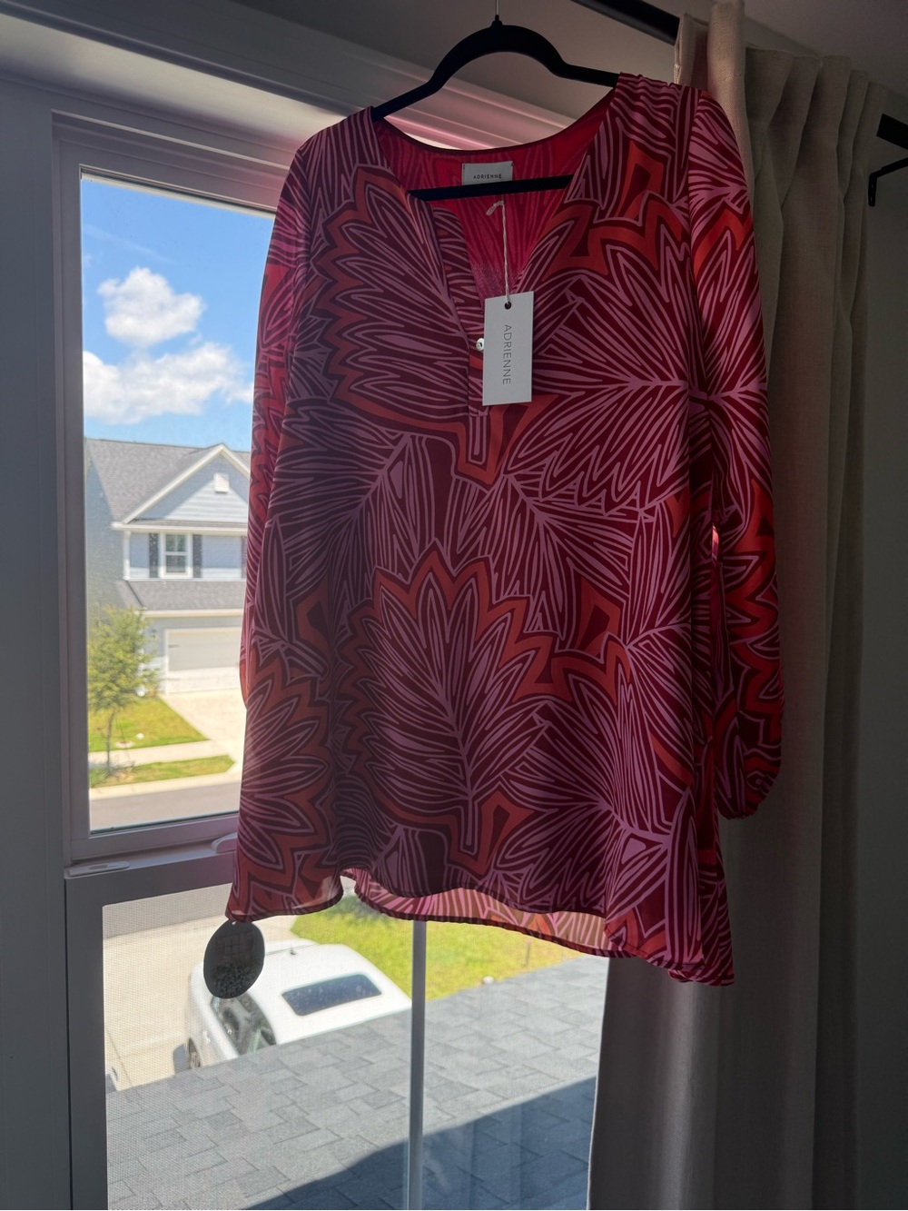 Adrienne Pink & Red Abstract Print V-Neck Mini Dress